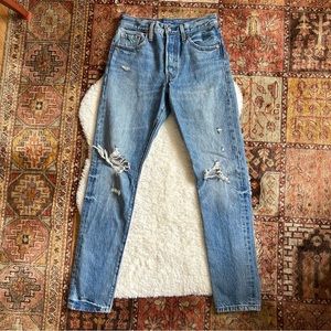 Levi’s 501 High Rise Distressed Mid Blue Wash Skinny Jeans with Button Fly